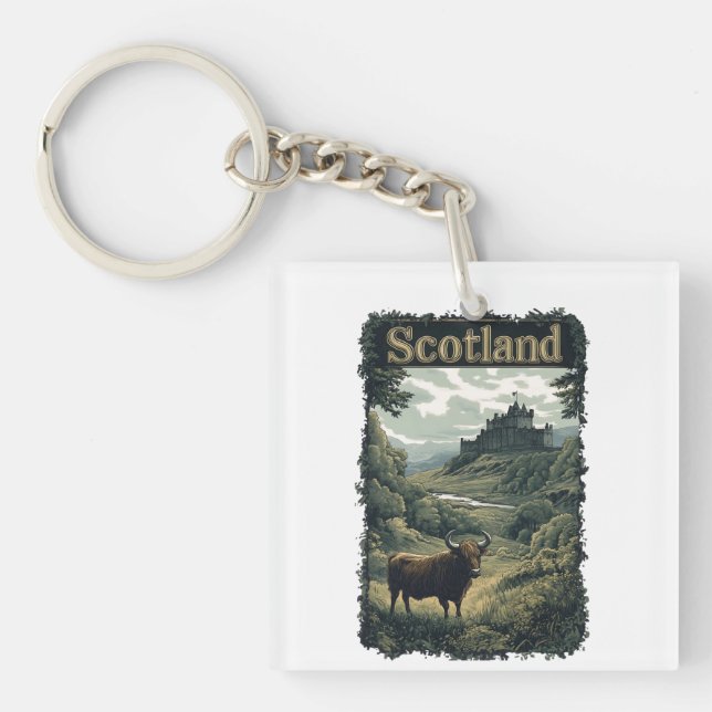 Schottland-Design: Hochland-Kuh, Burg und Landscha Schlüsselanhänger (Vorderseite)