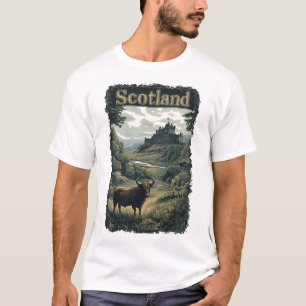 Schottland-Design: Hochland-Kuh, Burg und Landscha T-Shirt