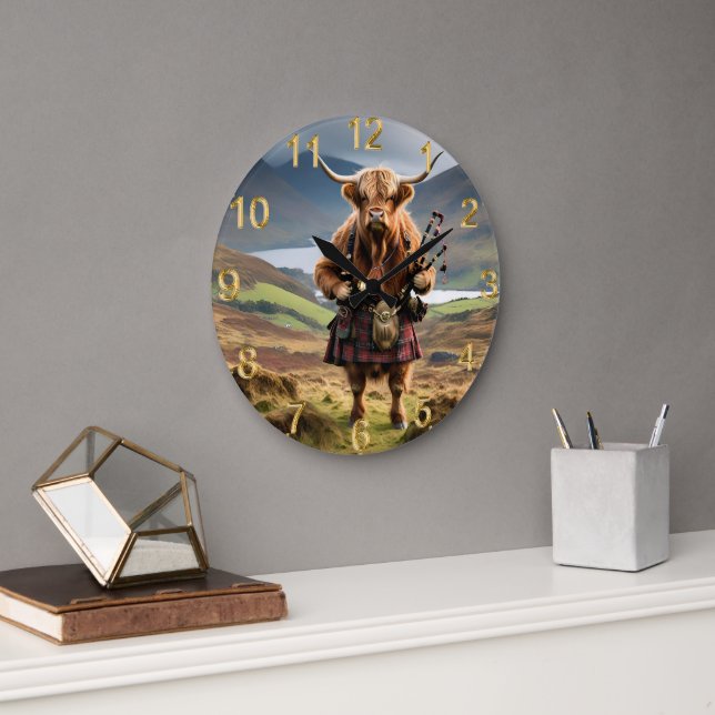 Schottland Highland Cow Bagpiper Große Wanduhr (Büro)
