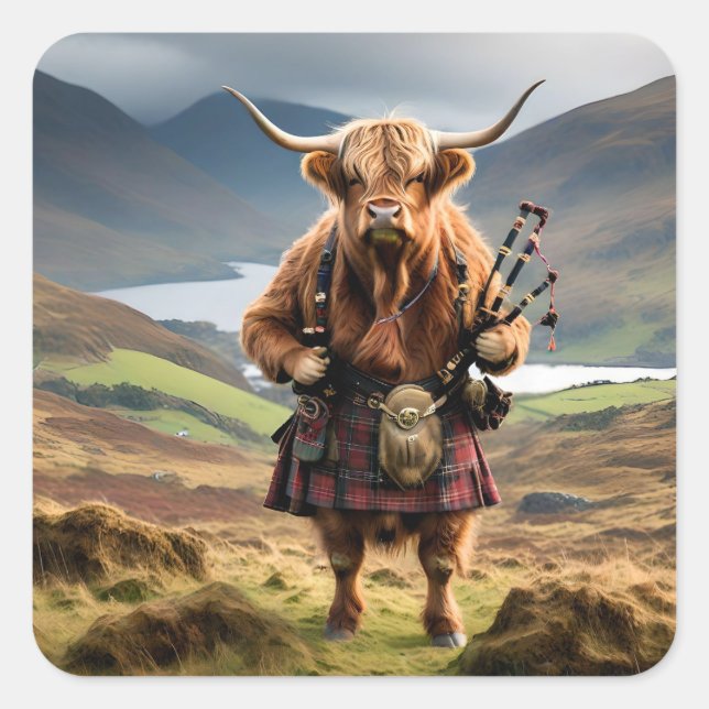 Schottland Highland Cow Bagpiper Quadratischer Aufkleber (Vorderseite)
