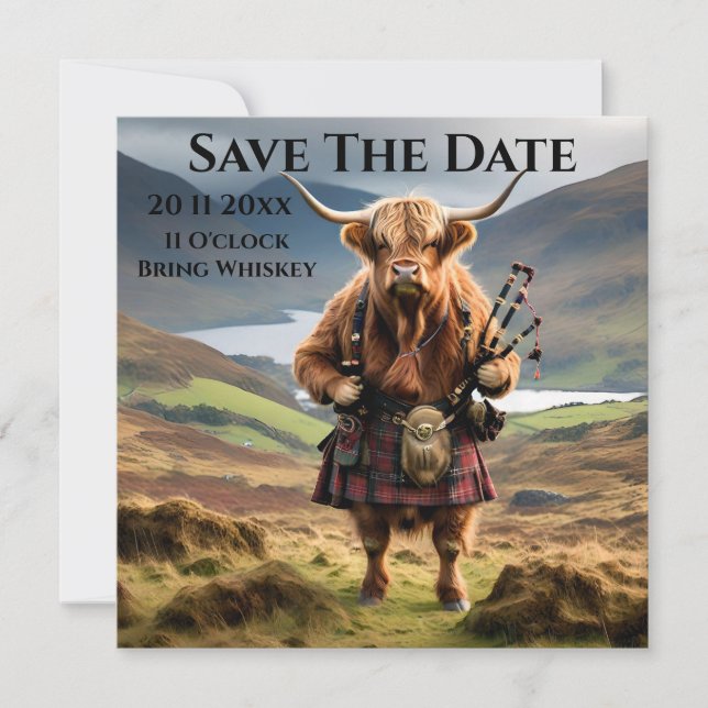 Schottland Highland Cow Bagpiper Save The Date (Vorderseite)