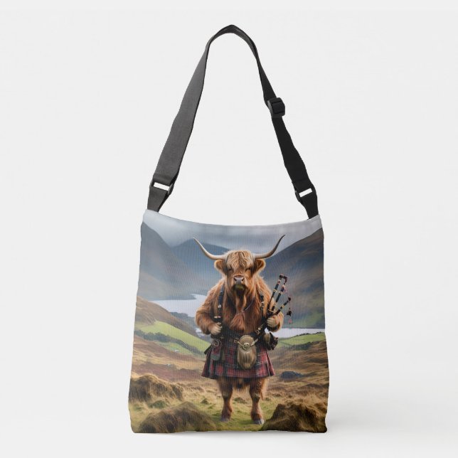 Schottland Highland Cow Bagpiper Tragetaschen Mit Langen Trägern (Vorderseite)