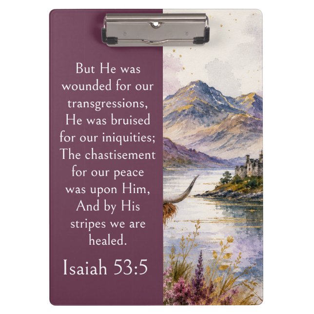 Schottland Highlands Ästhetik, Jesaja 53:5 Bibel  Klemmbrett (Vorderseite)