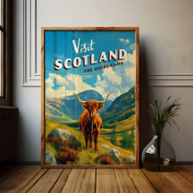 Schottland Highlands Vintage Travel Poster Cow