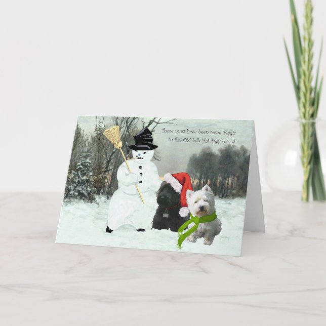 Schottland und Westie mit Snowman Feiertagskarte (Vorderseite)