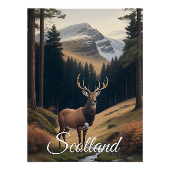 Schottlandhirsch im Wald-Reiseplakat Poster (Vorderseite)