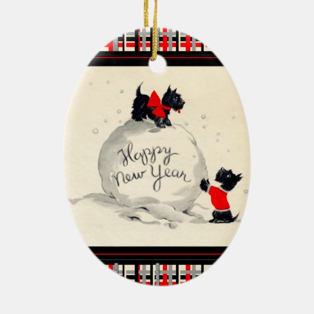 Schottliche Hunde glücklich Neues Jahr Keramik Ornament (Hinten)