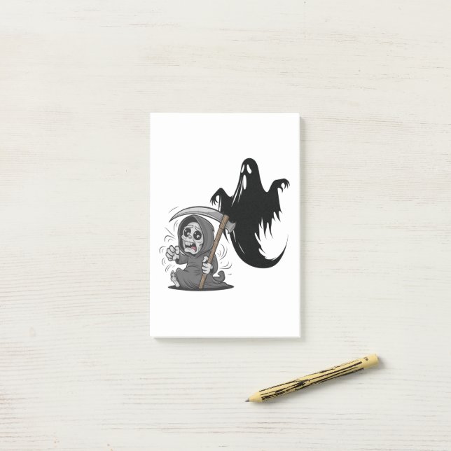 Schrecklicher grimmiger Sensenmann und Geist. Post-it Klebezettel (Auf Schreibtisch)