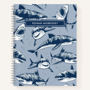 Schreckliches Hai-Muster Name Blau Kinder Notizbuch