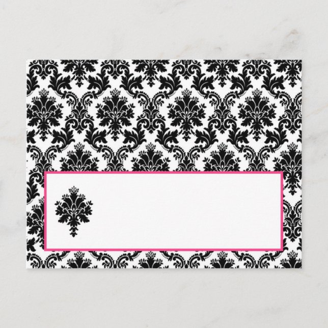 Schreibbare Platzkarte - Hot Pink Black Damask Postkarte (Vorderseite)