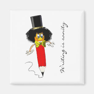 Schreiben ist Vernunft, lustiger Clownskopf auf ei Magnet