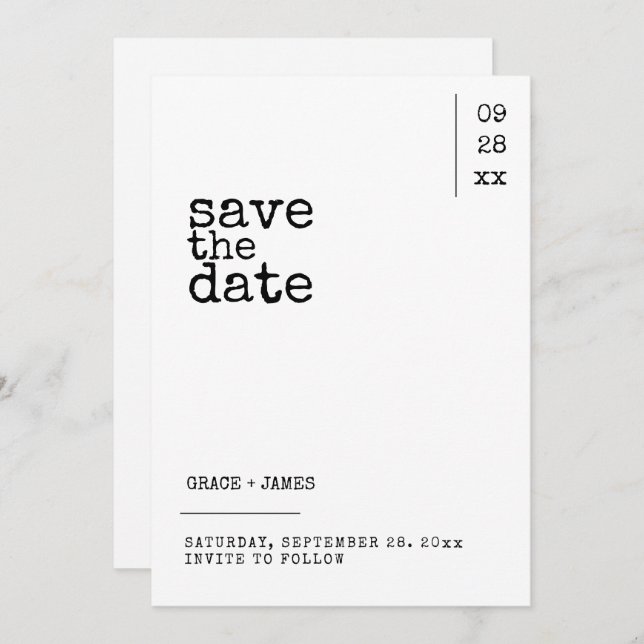 Schreibmaschine Einfache Minimalistische Typografi Save The Date (Vorne/Hinten)