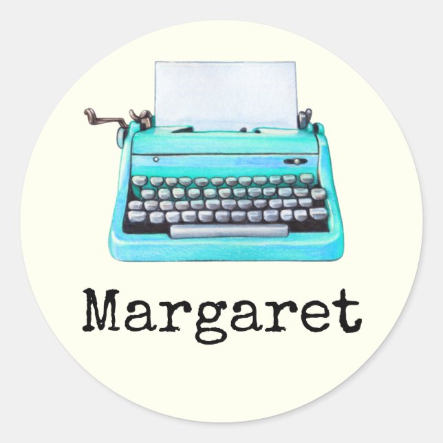 Schreibmaschine mit Namen Girly Aqua Retro 60er Runder Aufkleber (Vorderseite)
