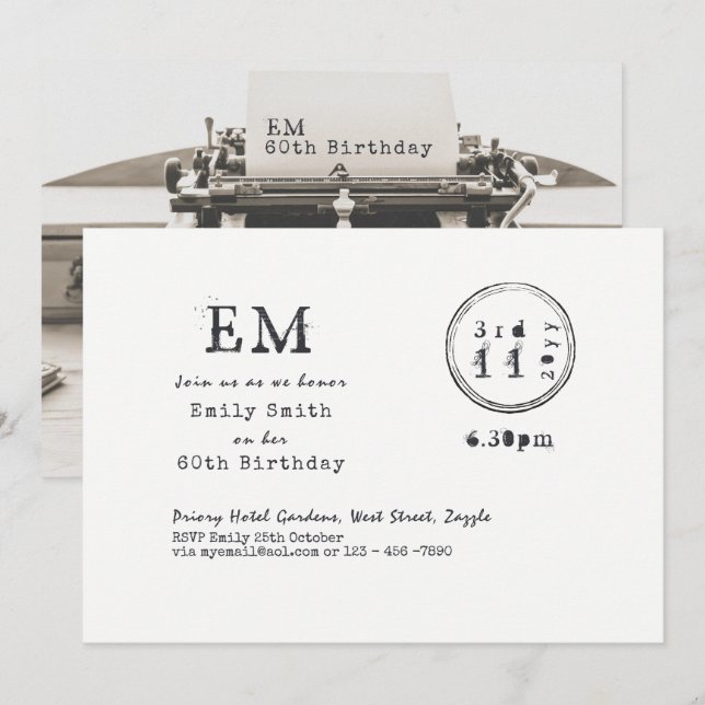 Schreibmaschine Schriftart 60. Geburtstag lädt Vin Einladung (Vorne/Hinten)