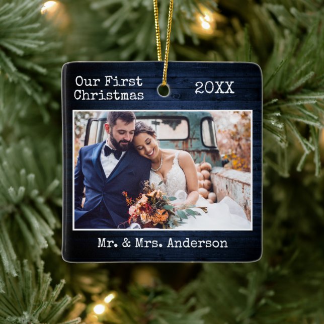 Schreibmaschine Text Blue Wood Erste Weihnachtsfei Keramikornament (Baum)