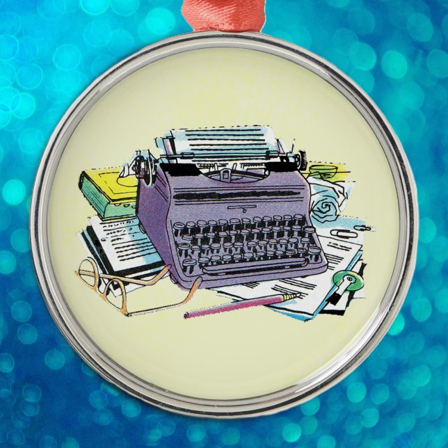 Schreibmaschinenstift für Vintage Schreibmaschine Ornament Aus Metall (Purple manual typewriter, books, pencils paper tools for writers on yellow round hanging ornament.)