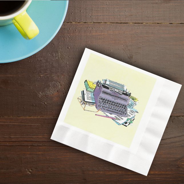 Schreibmaschinenstift für Vintage Schreibmaschine Serviette (Vintage purple manual typewriter pen, paper books for writers on yellow napkins.)