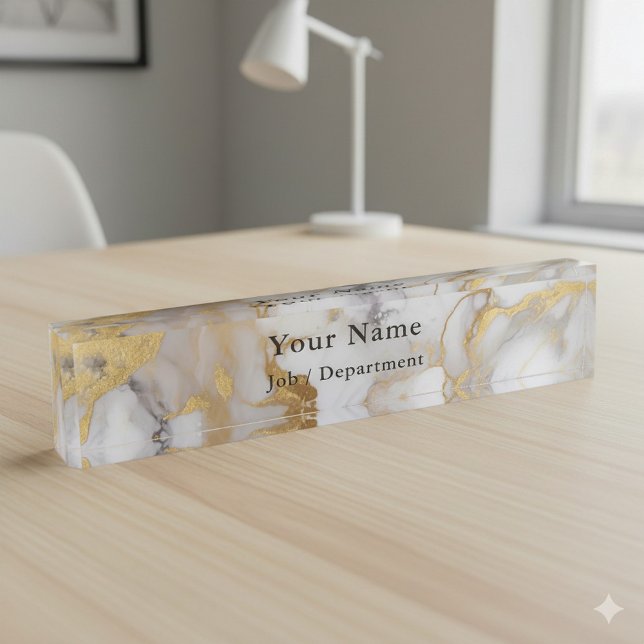 Schreibtisch mit Führungskraft aus weißem und gold Namensplakette (Gold and white marble effect office desk name plate.)
