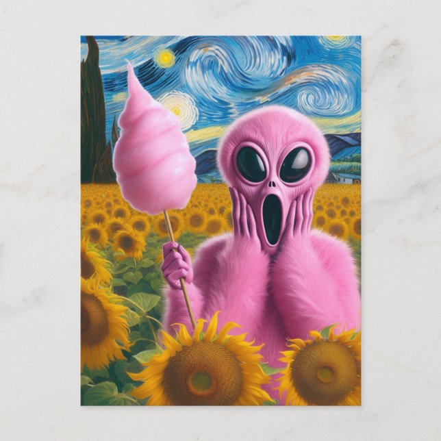 Schreie Alien Holding Cotton Candy Sonnenblumen Postkarte (Vorderseite)