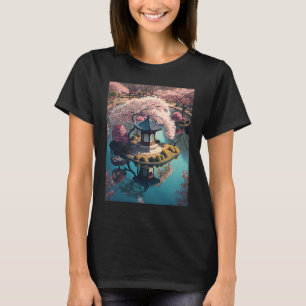 Schrein am Teich eines japanischen Gartens Kirschb T-Shirt