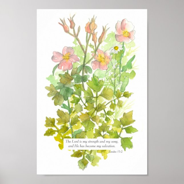 Schrift Exodus 15:2 Bibel Verse Primrose Blume Poster (Vorne)
