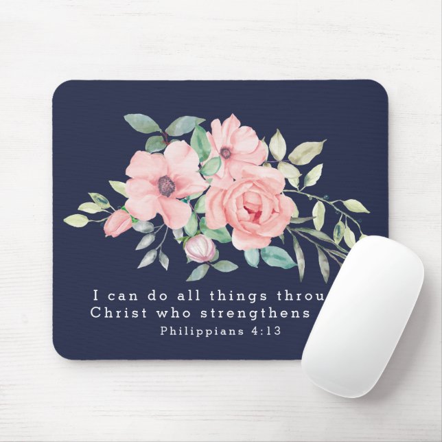 Schrift Philipper 4:13  Floral Wasserfarbe Navy Mousepad (Mit Mouse)