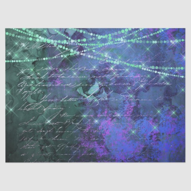 Schrift und Lichter auf Lila und grünem Dekor Seidenpapier (Vorderseite)