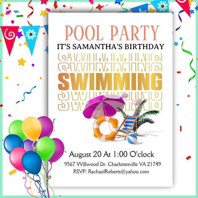 Schrift Word Art Pool Party Geburtstag Einladung (Von Creator hochgeladen)