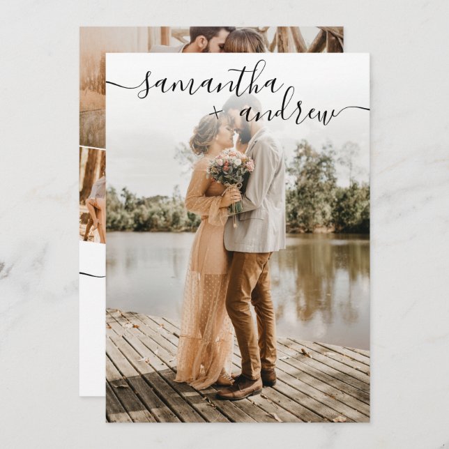 Schriftart 5 Fotos Hochzeit, ganz in Weiß Einladung (Vorne/Hinten)