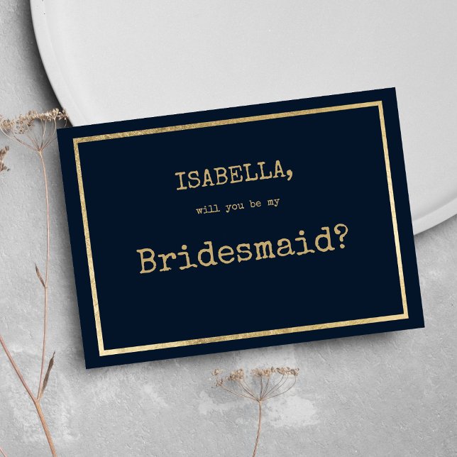 Schriftart der marinen Schreibmaschine mit blauem  Einladung (Navy blue gold typewriter font rustic Bridesmaid )
