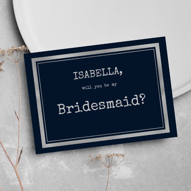 Schriftart der Navy-Silber-Schreibmaschine rustika Einladung (Navy blue silver typewriter font rustic Bridesmaid )