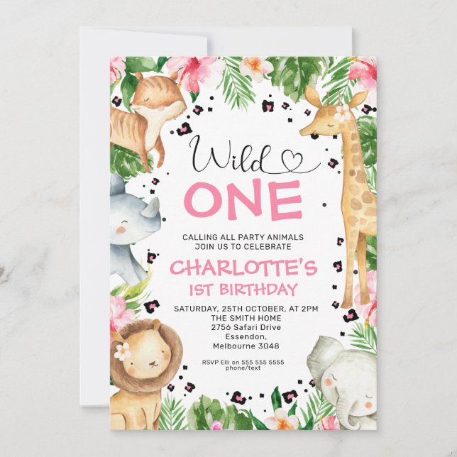 Schriftart Floral Foliage Safari Wild One Birthday Einladung (Vorderseite)