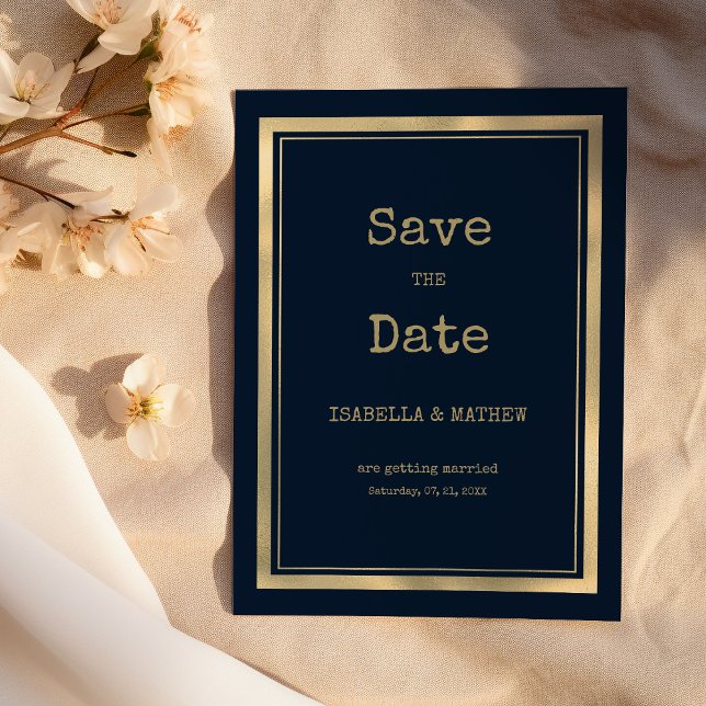 Schriftart für Navy-Blue-Gold-Schreibmaschinen Sav Einladung (Navy blue gold typewriter font Save the Date)
