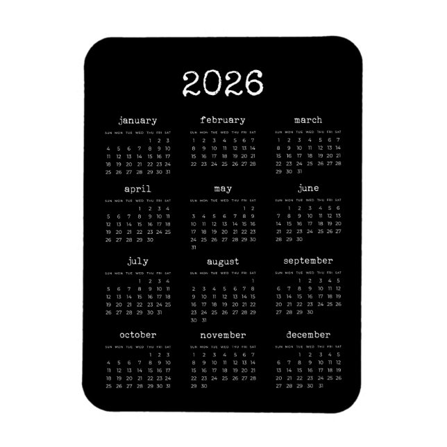 Schriftart-Minimalisten 2025 Schwarzer Kalender Magnet