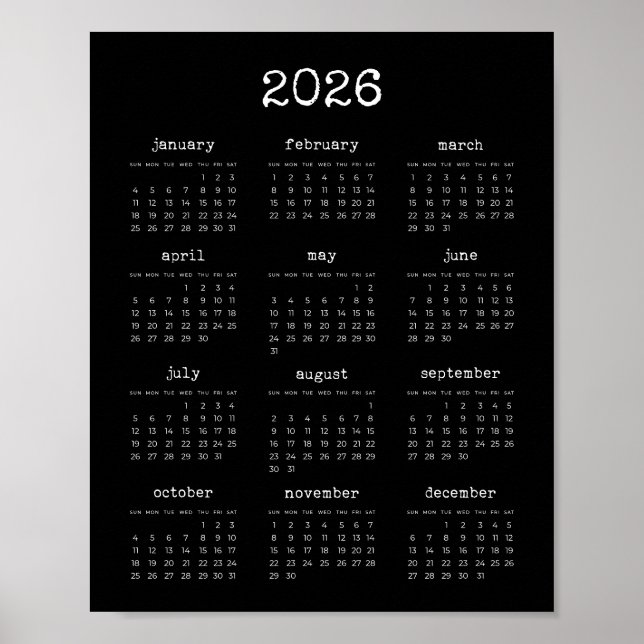 Schriftart-Minimalisten 2025 Schwarzer Kalender Poster (Vorne)