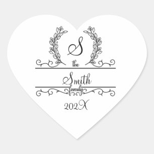 Schriftart Monogramm Familienname Blätter Herz-Aufkleber
