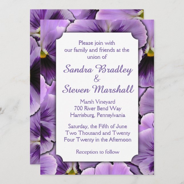 Schriftart versteckt Lila Pansy Hochzeit Einladung (Vorne/Hinten)