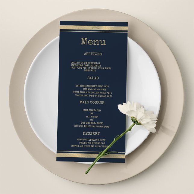 Schriftart Wedding Menu (Hochzeitmenü) Programm (Navy blue gold typewriter font Wedding Menu)