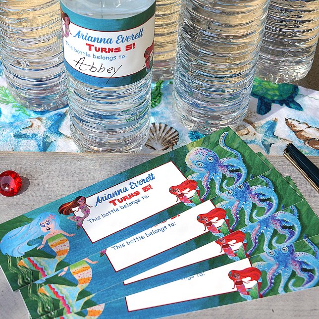 Schriftliche Meerjungfrau Oktopus, Blue Aqua Red G Wasserflaschenetikett (mermaid birthday party labels)