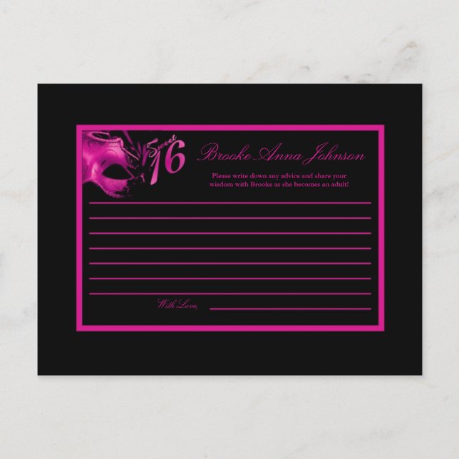 Schriftliche Ratenkarte Sweet 16 Hot Pink Black Pa Postkarte (Vorderseite)
