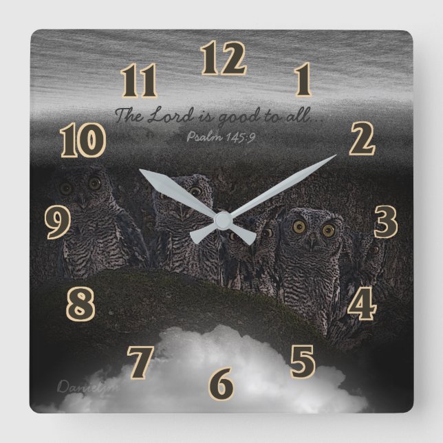 Schrifts-Psalm-Eulen Quadratische Wanduhr (Vorderseite)