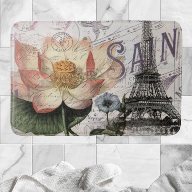 Schriftzeichen, französischer Botanischer Lotus pa Badematte (scripts french botanical lotus paris eiffel tower bath mat)