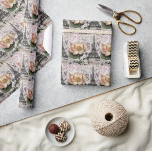 Schriftzeichen, französischer Botanischer Lotus pa Geschenkpapier