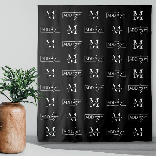 Schritt und Wiederholung von zwei Logohintergründe Wandteppich (Minimalist black two logo step and repeat banner with space for two custom logos)