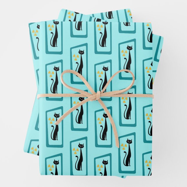 Schrödingers Cat Mid Century Modern blass blau Geschenkpapier Set (Beispiel)