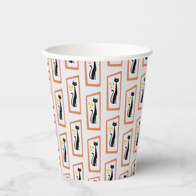 Schrödingers Cat Mid Century Moderne Orange Pappbecher (Vorderseite)