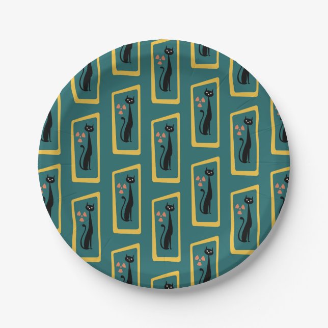 Schrödingers Cat Mid Century Modernes dunkelblau Pappteller (Vorderseite)