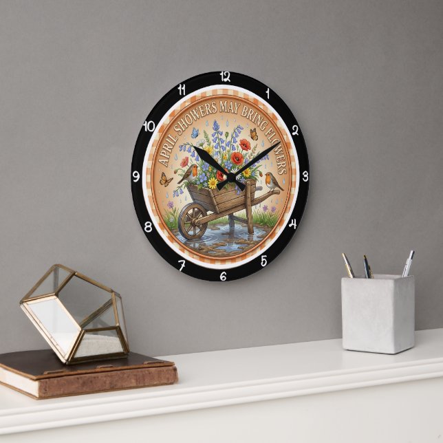 Schubkarre Wildblume Frühling Erbe Große Wanduhr (Büro)