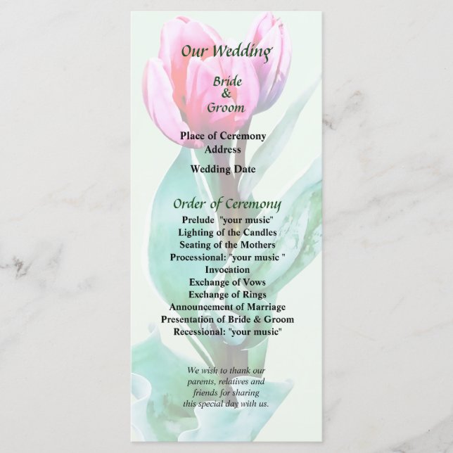 Schüchterne kleine Tulpen-Hochzeitsprogramm Programm (Vorderseite)