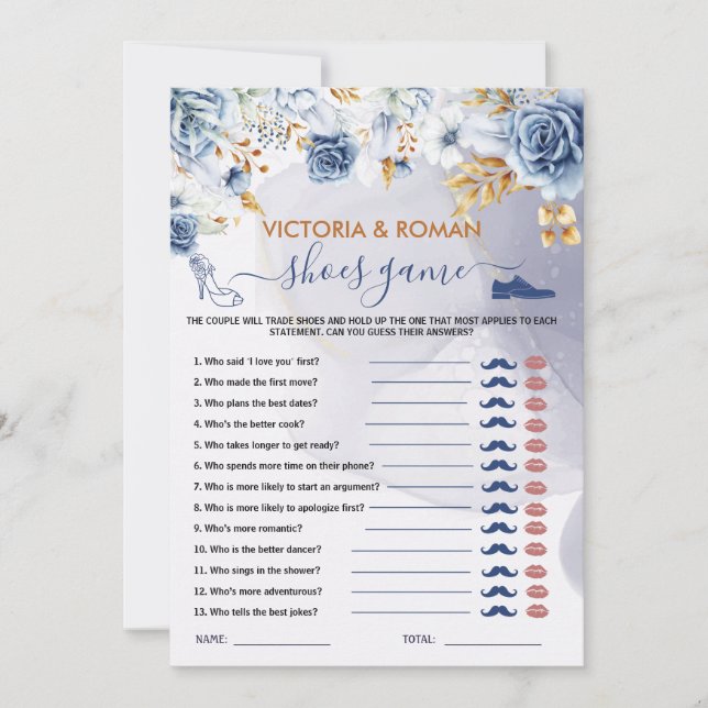 Schuh-Spiel Elegante blaue Blumen Hochzeitsdusche  Einladung (Vorderseite)